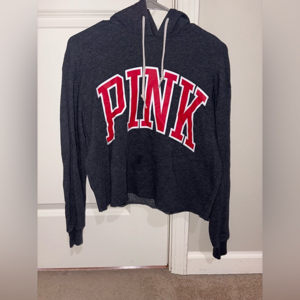 PINK Victoria's Secret Black Crop Hoodie with Red Logo
